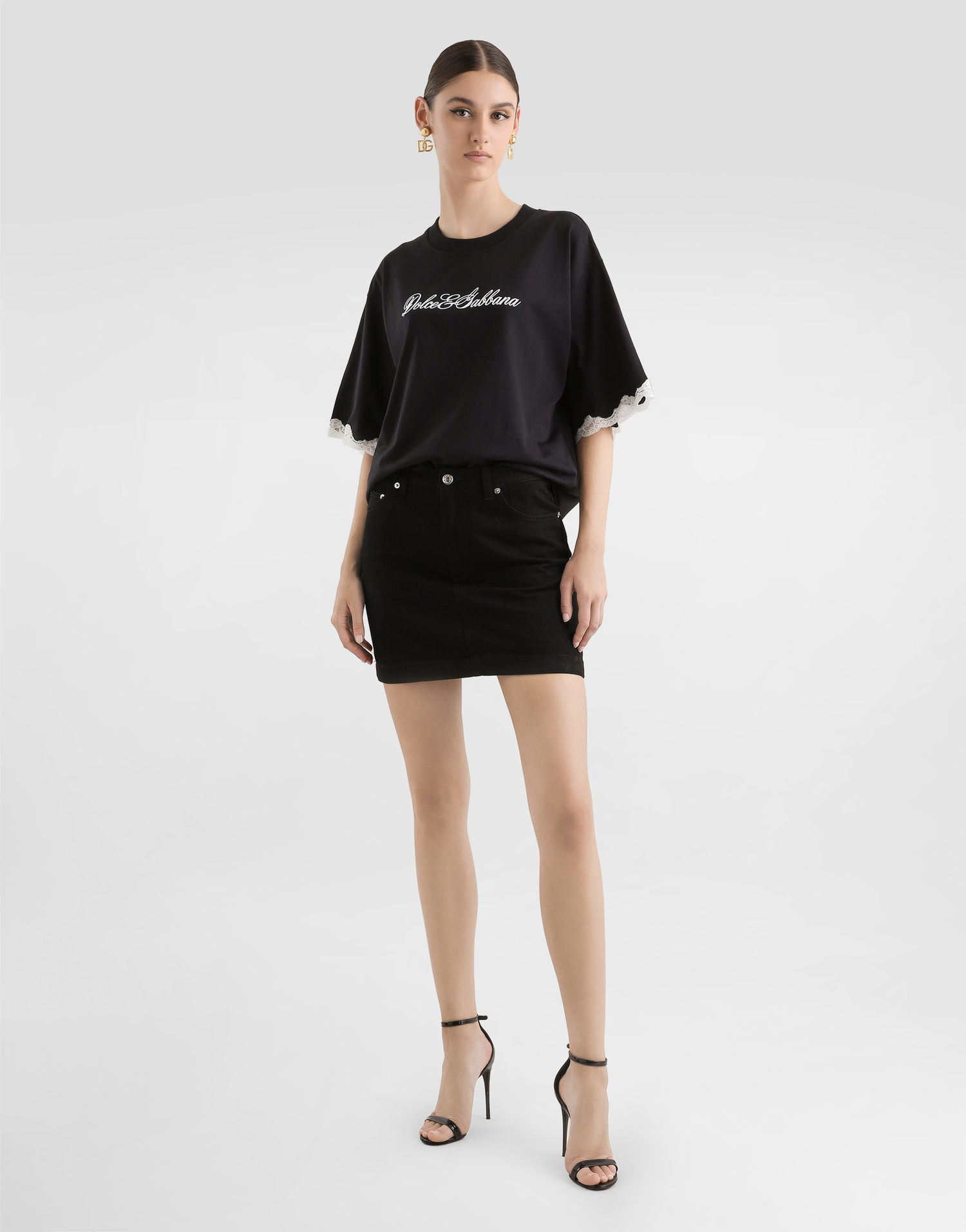 T-shirt Dolce & Gabbana Dolce & Gabbana Jersey T-Shirt with Lace Sleeves and Embroidery Sort | F8V62ZGDDB8N0000, 1
