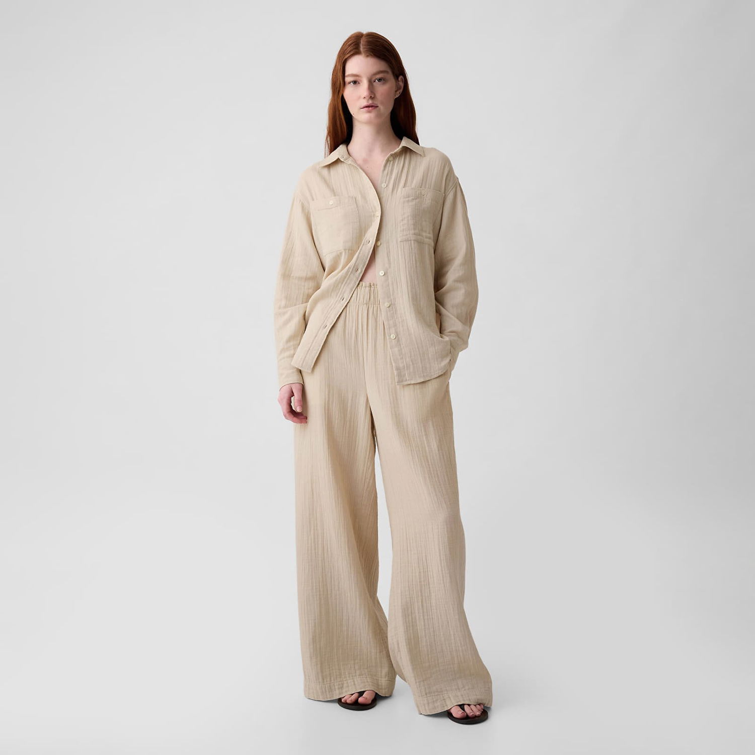 Bukser GAP Gauze Wide Leg Pants Bedrock Beige | 855967-01, 0