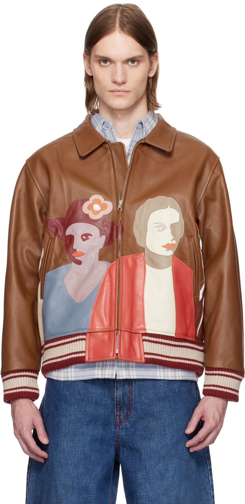 Bomberjakke KidSuper KidSuper Patchwork Portraits Leather Varsity Jacket Brun | SS25-OW-03