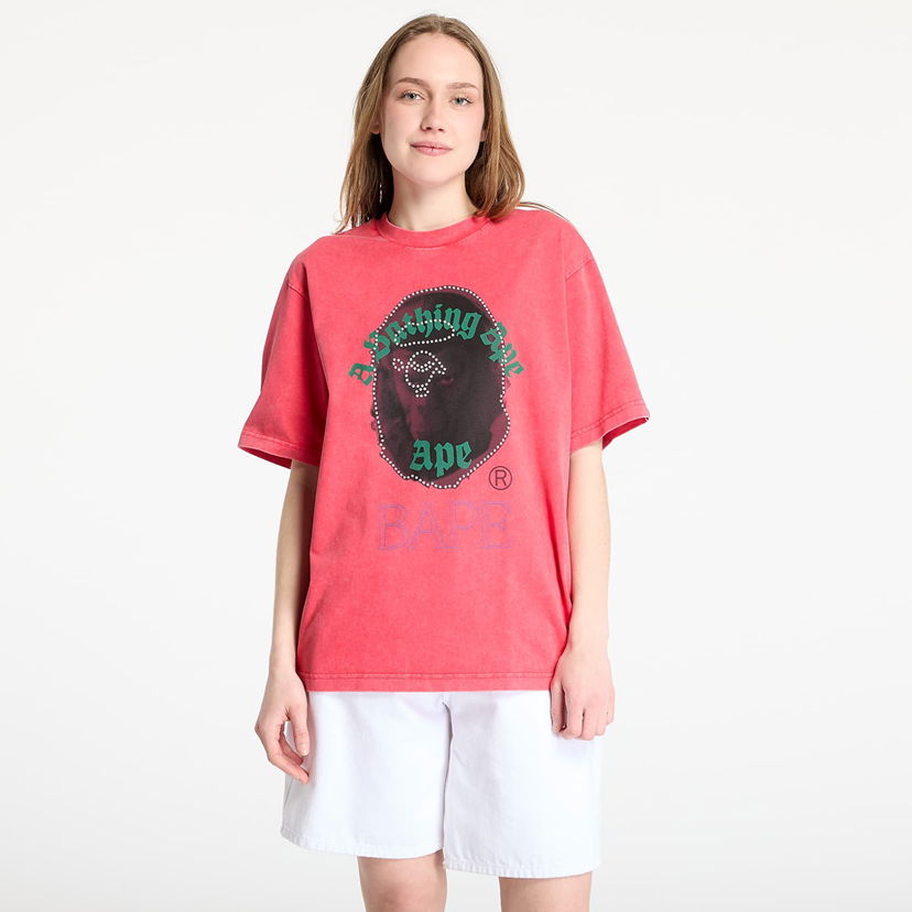 T-shirt BAPE A BATHING APE Garment Dye Rhinestone Ape Head Relaxed Fit Tee Lyserød | 001CSL301309MRED