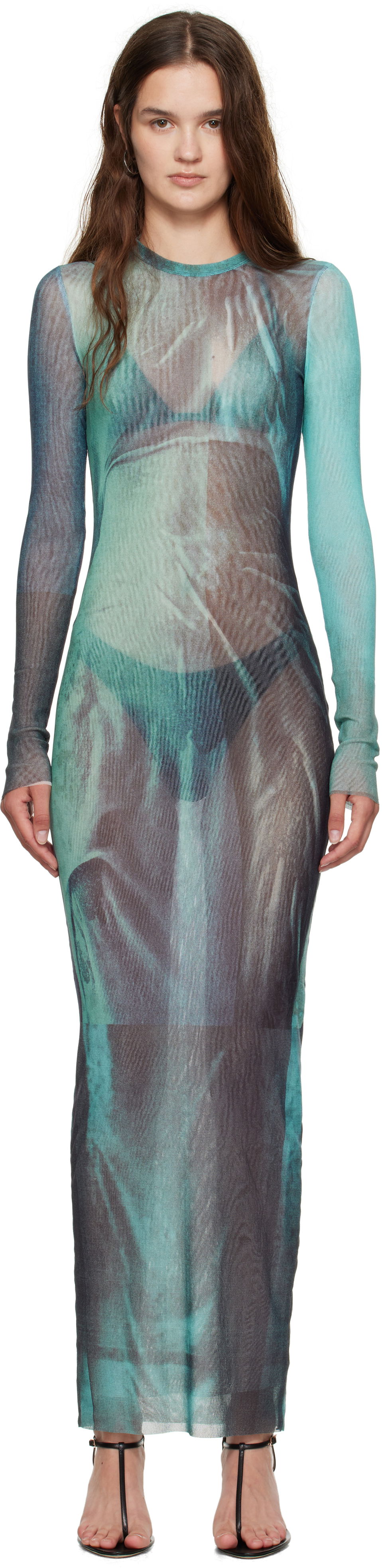 Kjole Jean Paul Gaultier Jean Paul Gaultier 'The Long Water' Mesh Maxi Dress Turkis | 25/03-W-DR027-M004P-5557, 0