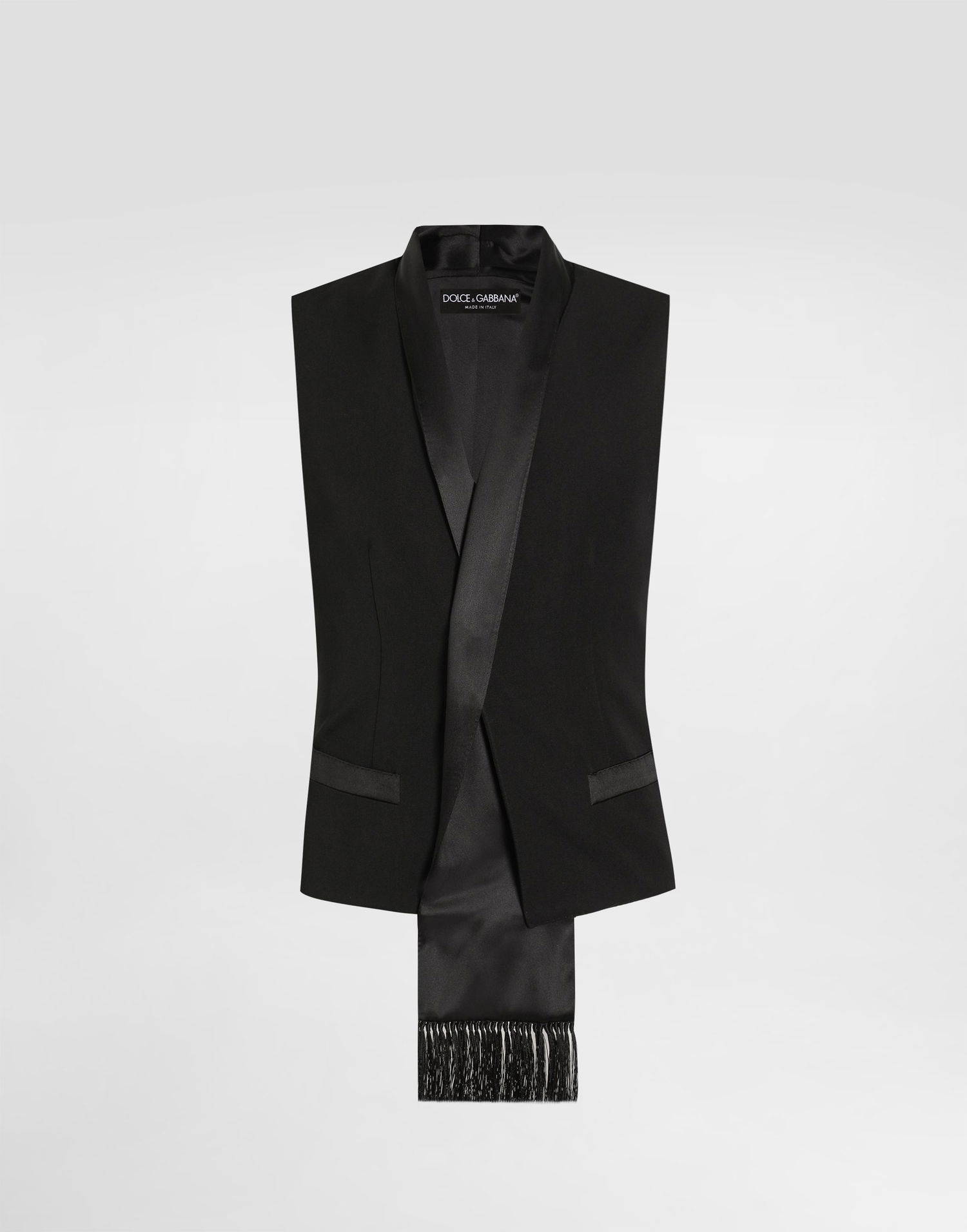 Vest Dolce & Gabbana Wool Gabardine Vest with Satin Trim and Fringes Sort | G715FTFU21EN0000, 0
