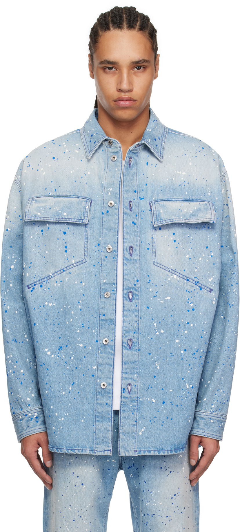 Skjorte Off-White Off-White Paint Splatter Denim Shirt Blå | OMYD05HS25DEN0024684