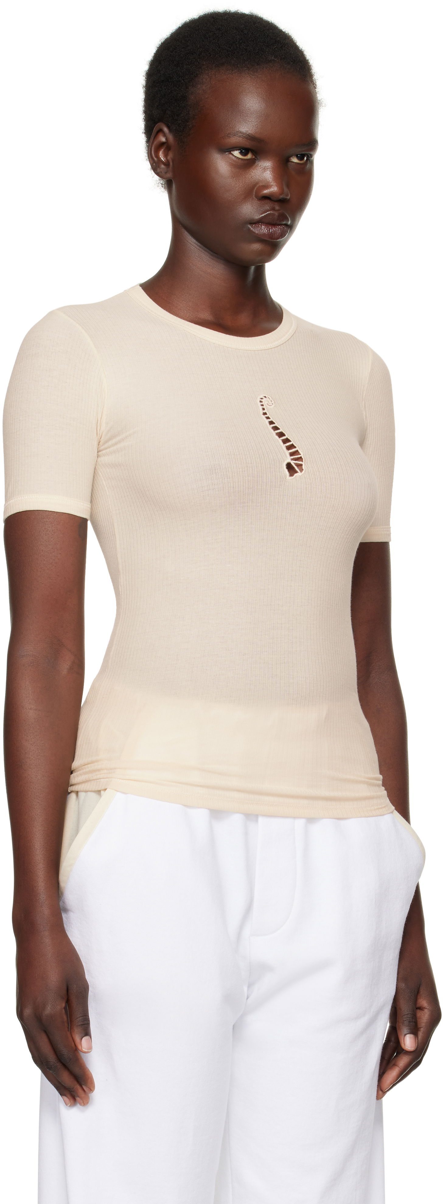 T-shirt Baserange Baserange Tower Cutout Ribbed T-Shirt Beige | TOTWS-RB-SP25, 1