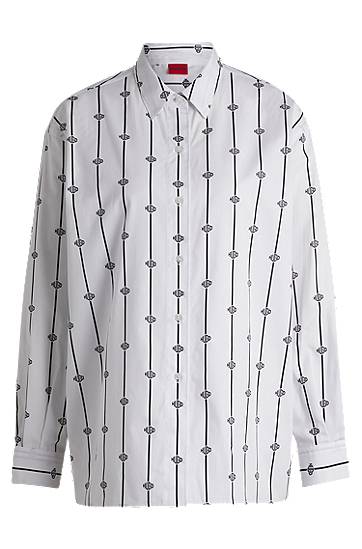 Skjorte BOSS Oversized Logo-Stripe Cotton Poplin Blouse Hvid | 50538451