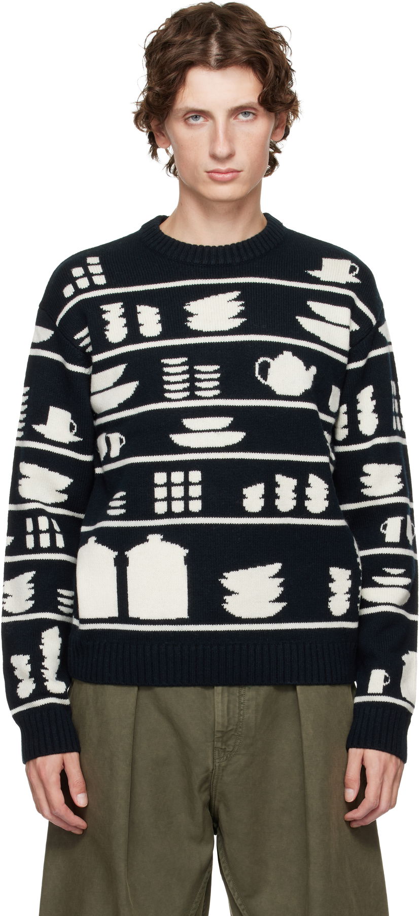 Sweater JW Anderson Crockery Jacquard Sweater Mørkeblå | KW1431-YN0379