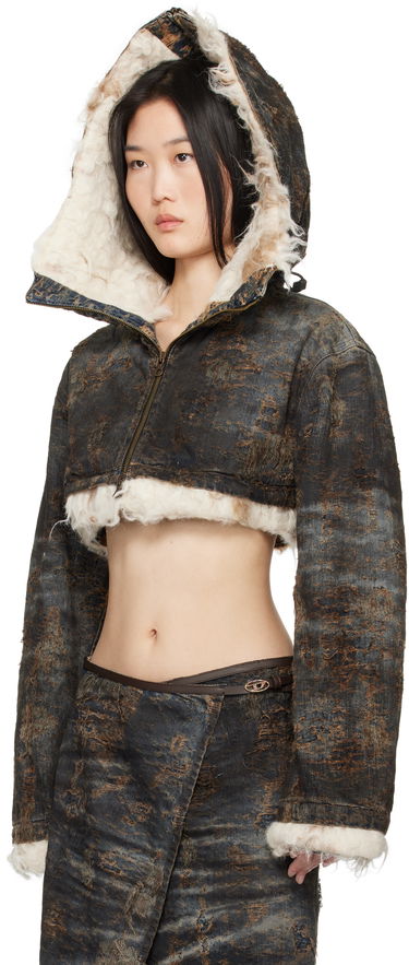 Jakke Diesel Cropped Distressed Denim Jacket with Faux Fur Sort | A17128 0ABCW, 3