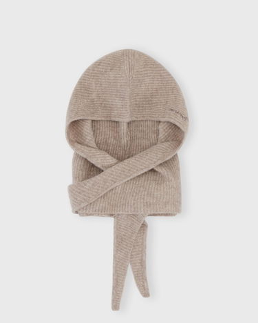 Beanie GANNI Wool Ribbed Knit Balaclava with Tie Beige | A5983-859, 2