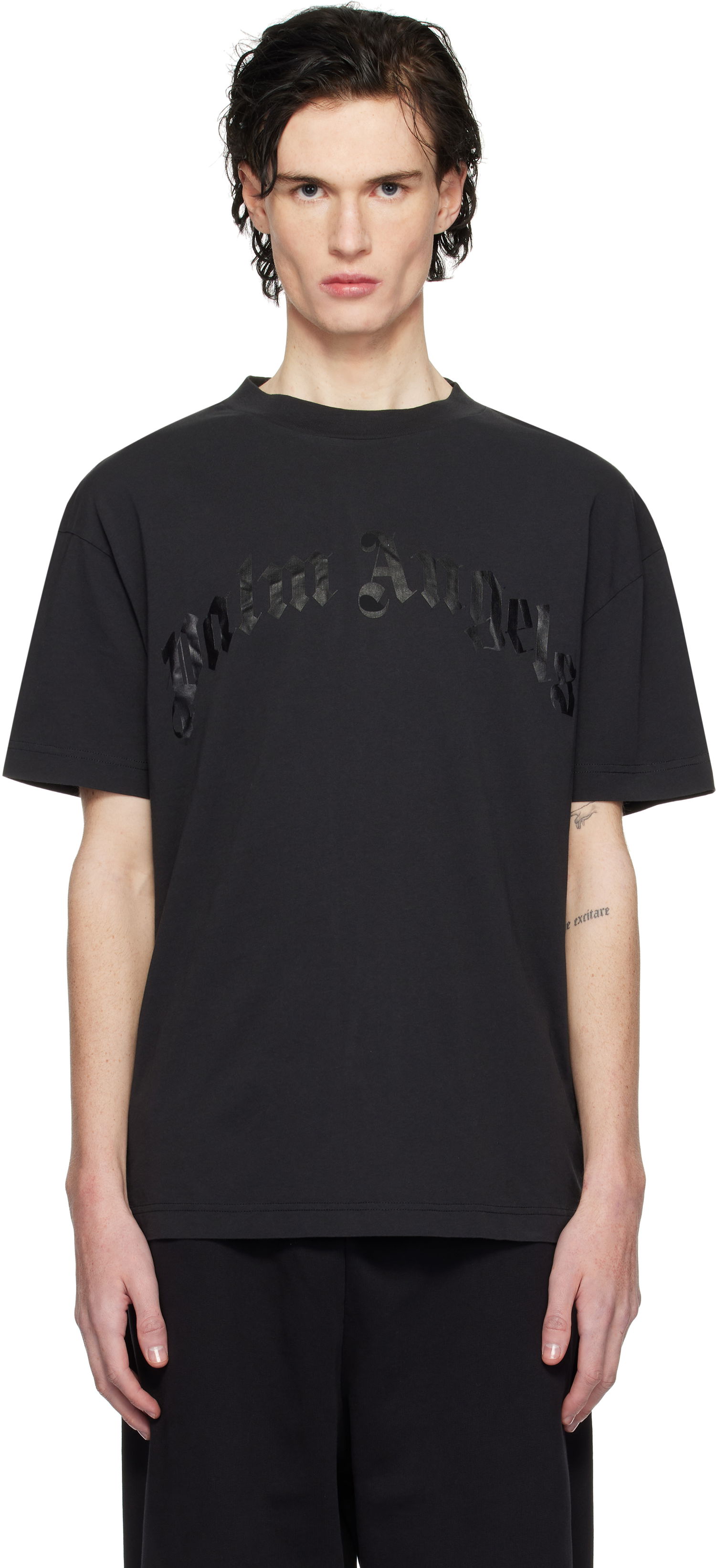 T-shirt Palm Angels Curved Logo Oversize T-Shirt Sort | PMAA001S25JER0041010, 0