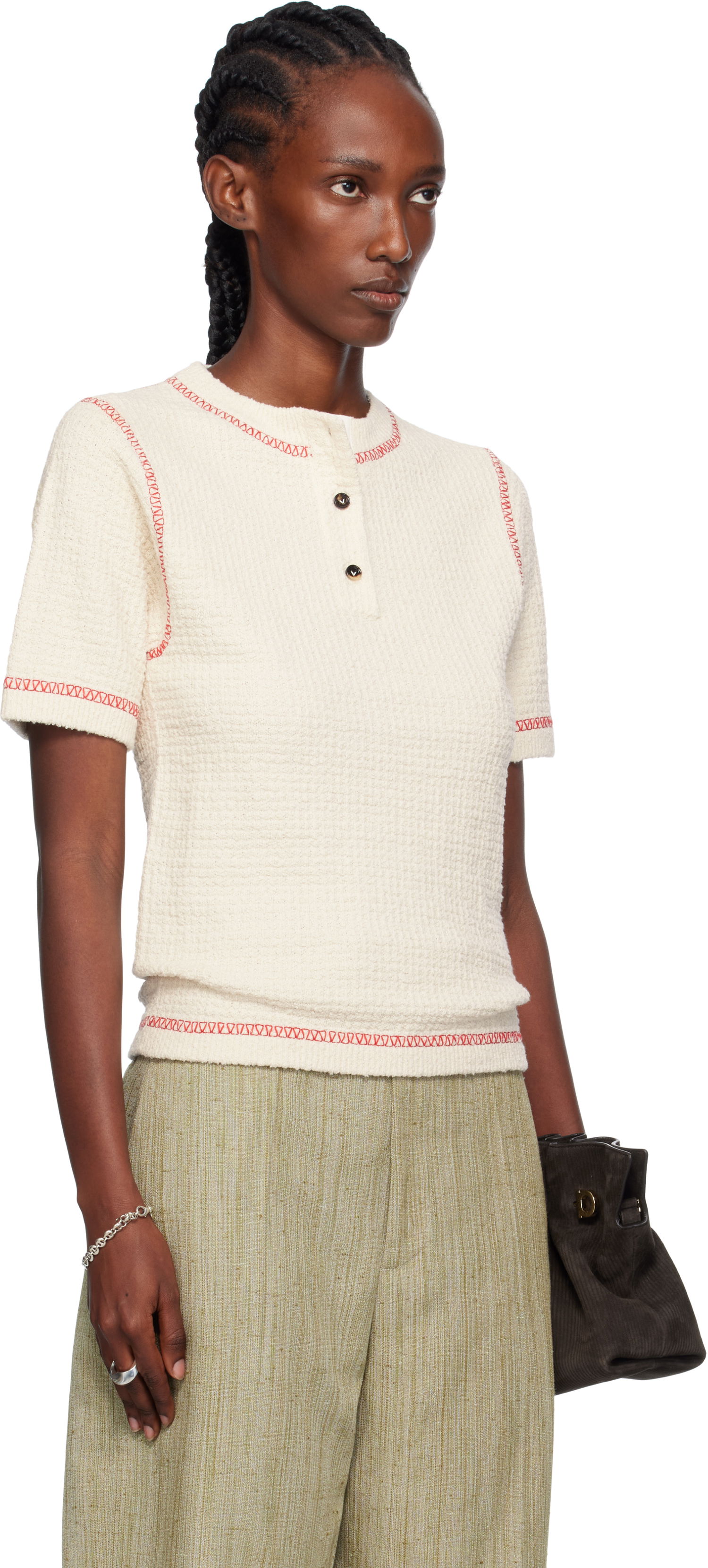 Polo skjorte Bottega Veneta Bottega Veneta Waffle Knit Polo Shirt Hvid | 825700 V5BD0, 1