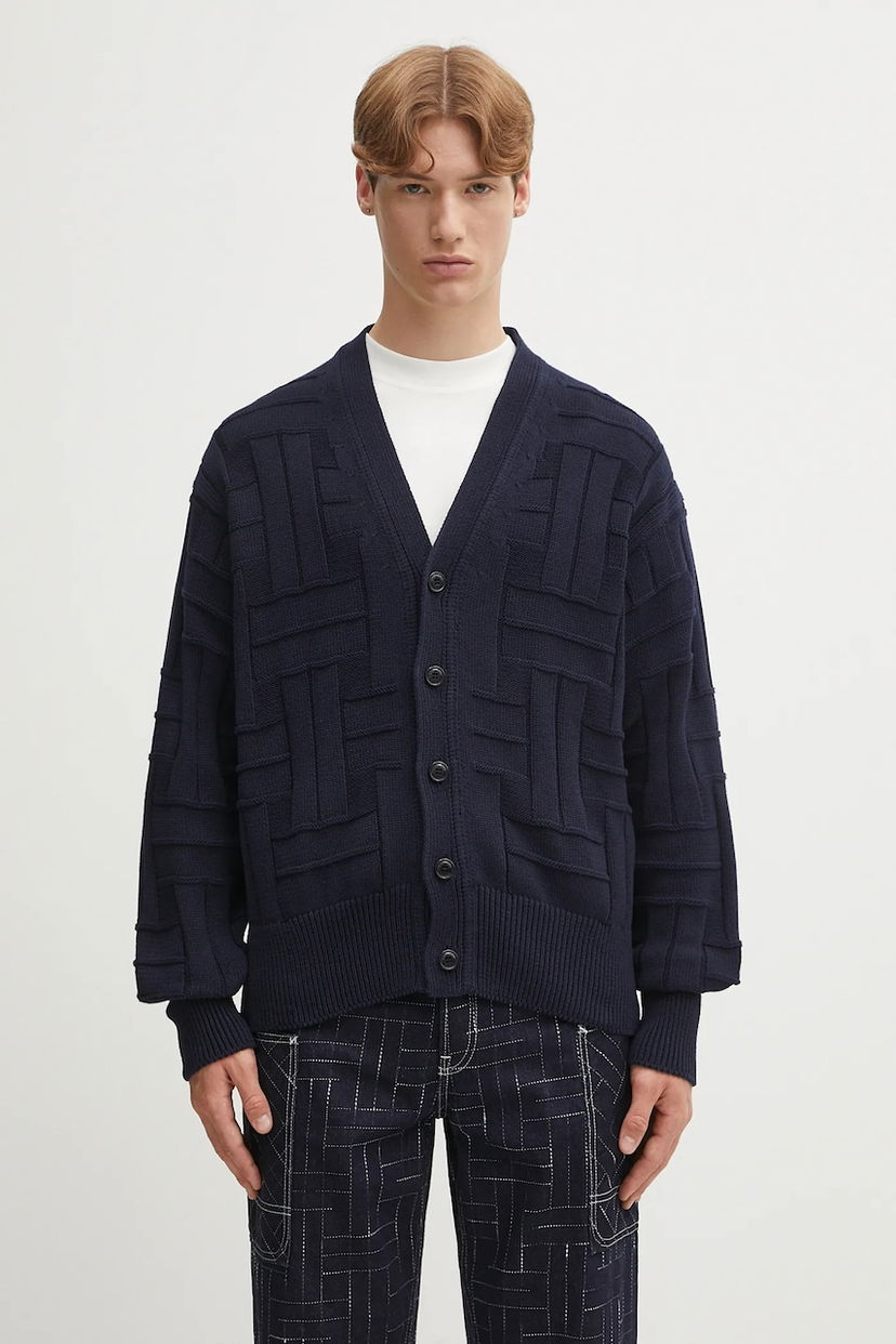 Sweater KENZO Kenzo Gots Kenzo Weave Patterned V-Neck Cardigan Mørkeblå | FF55CA7073CB