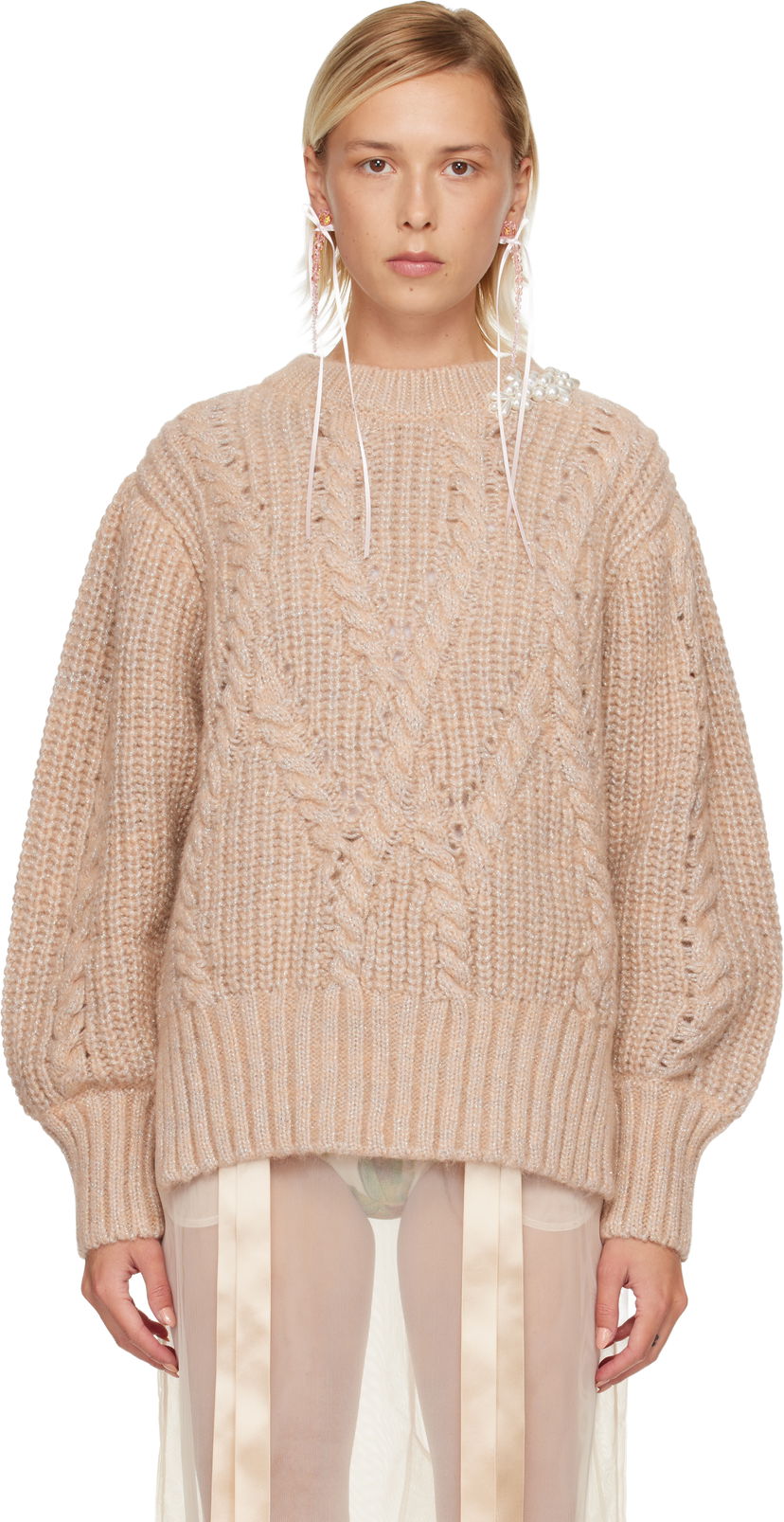 Sweater Simone Rocha Simone Rocha Embellished Puff Sleeve Chunky Knit Sweater Beige | MZMK4B 0665