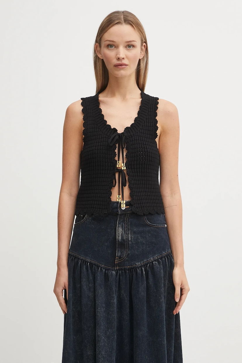 Vest GANNI GANNI Cotton Textured Lace Tie-Front Vest Sort | K2541