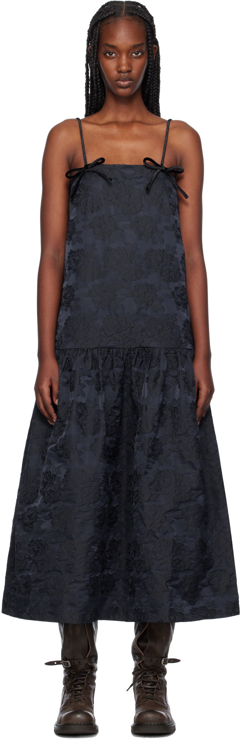 Kjole GANNI Botanical Jacquard Strap Midi Dress Sort | F9705