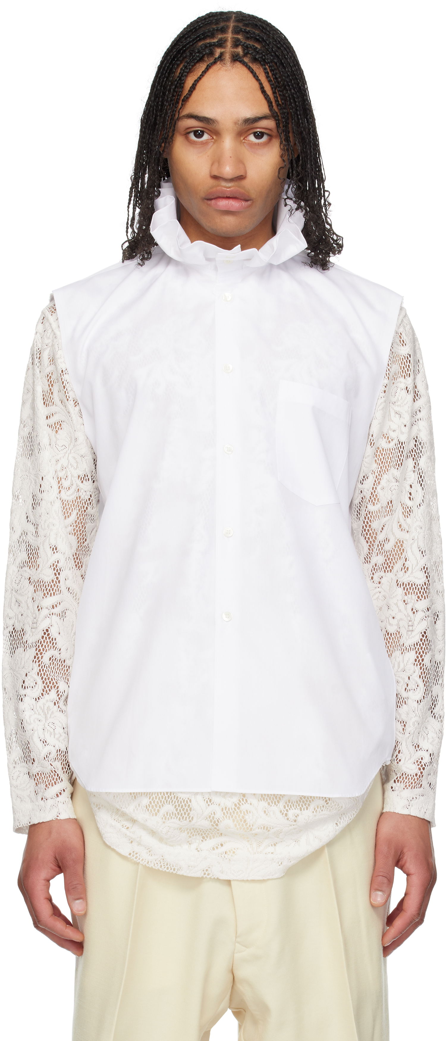 Skjorte Comme des Garçons Comme des Garçons Homme Plus Cotton Sleeveless Shirt with Lace Sleeves Hvid | PO-B029-051, 0