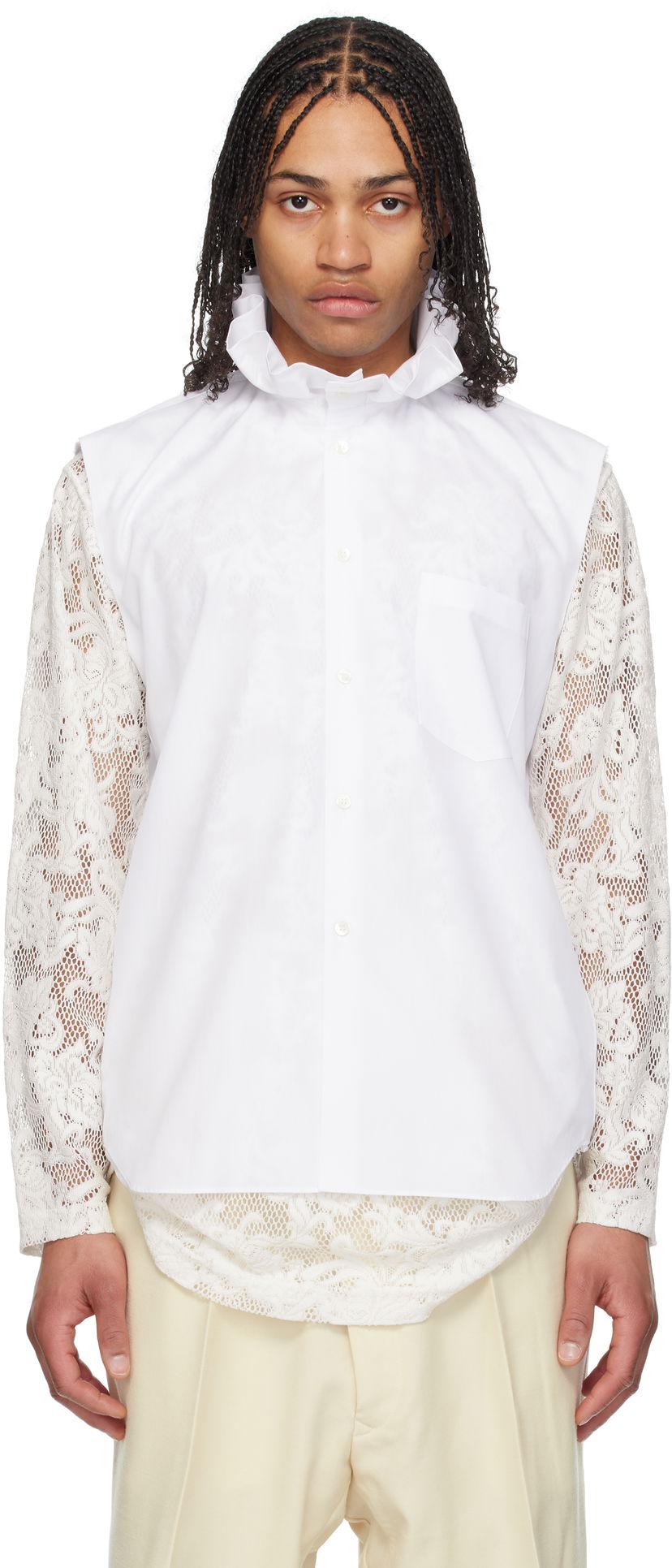 Skjorte Comme des Garçons Comme des Garçons Homme Plus Cotton Sleeveless Shirt with Lace Sleeves Hvid | PO-B029-051