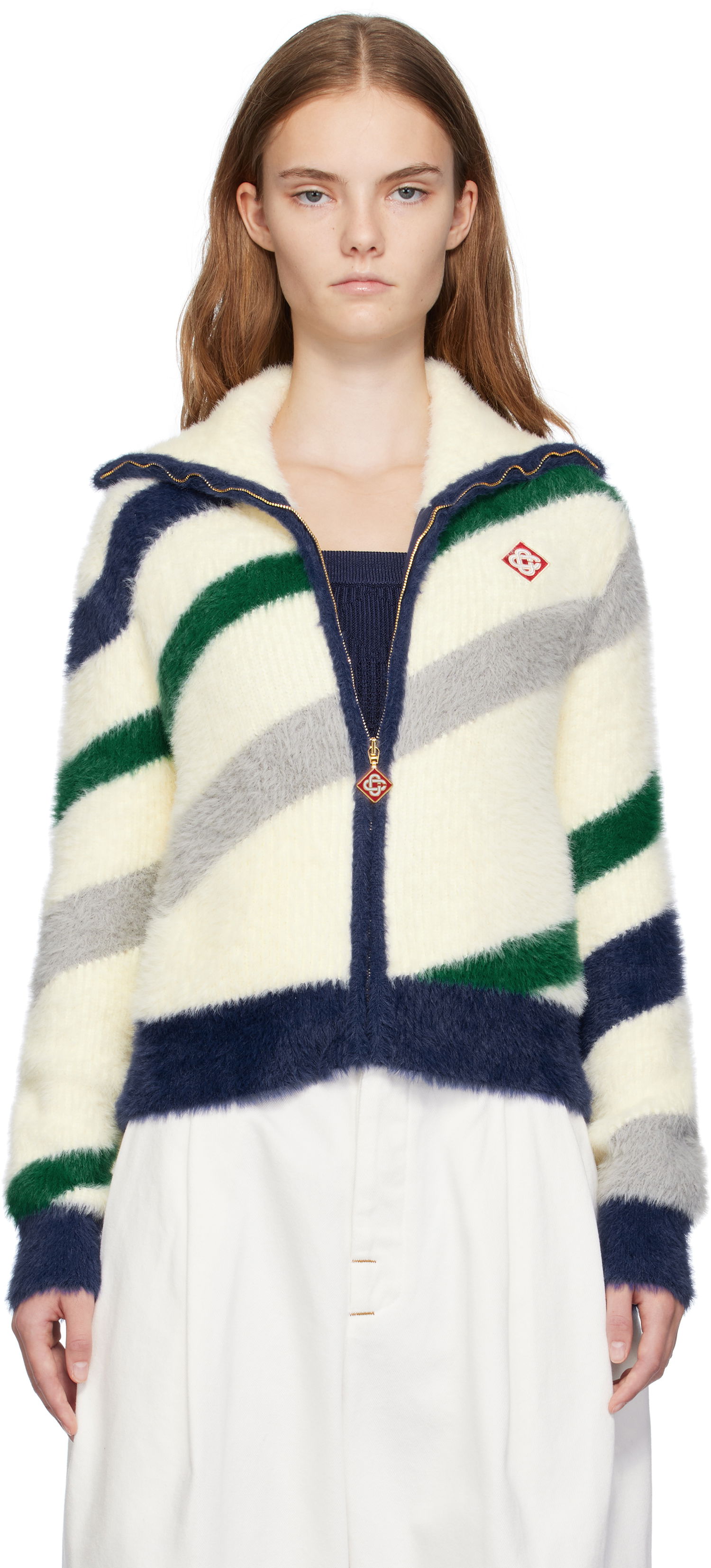 Jakke Casablanca Striped Fluffy Zip Up Jacket Hvid | WF24-KW-811-01, 0
