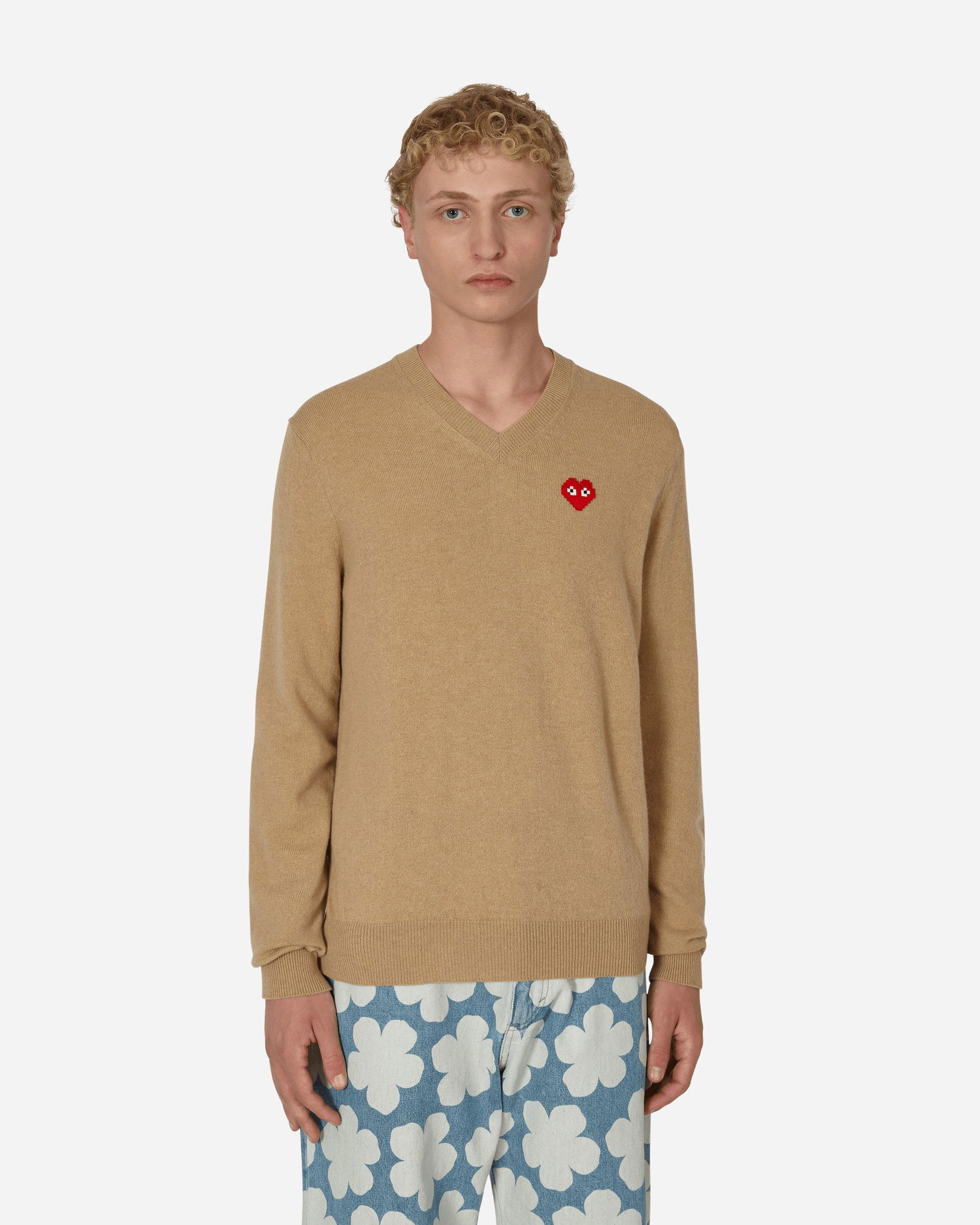 Sweater Comme des Garçons Invader Heart V-Neck Sweater Beige | P1N082 1, 1