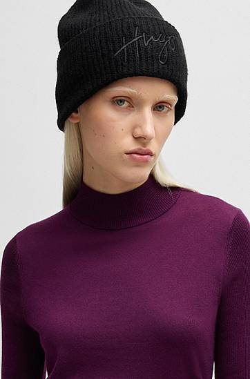 Beanie BOSS Hugo Ribbed Beanie with Handwritten Logo Sort | 50524104, 1