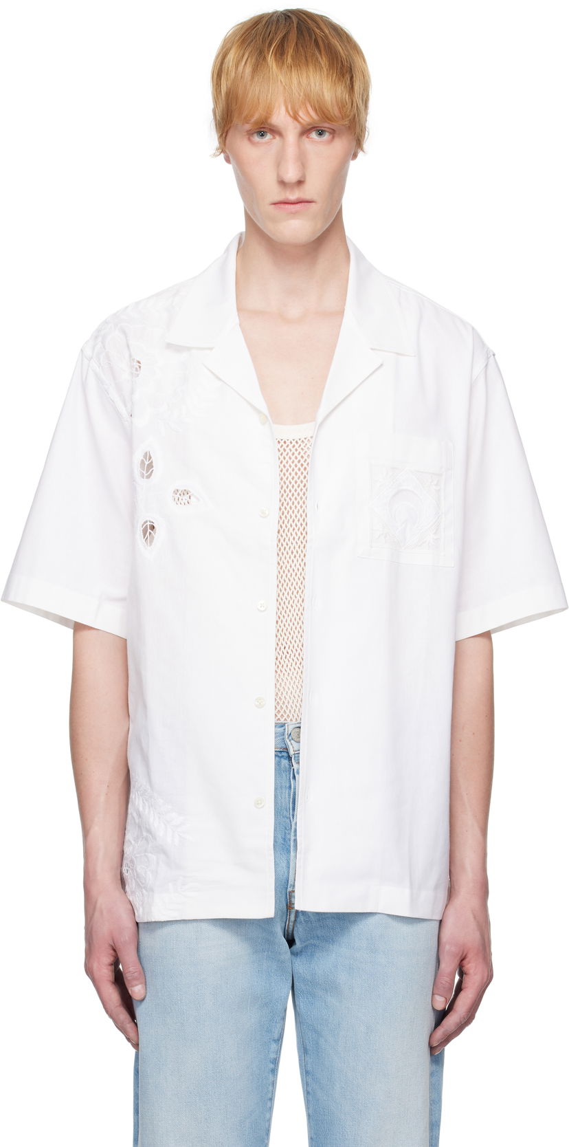 Skjorte Marine Serre Marine Serre Regenerated Linen Bowling Shirt Hvid | USI016A UWOV0007