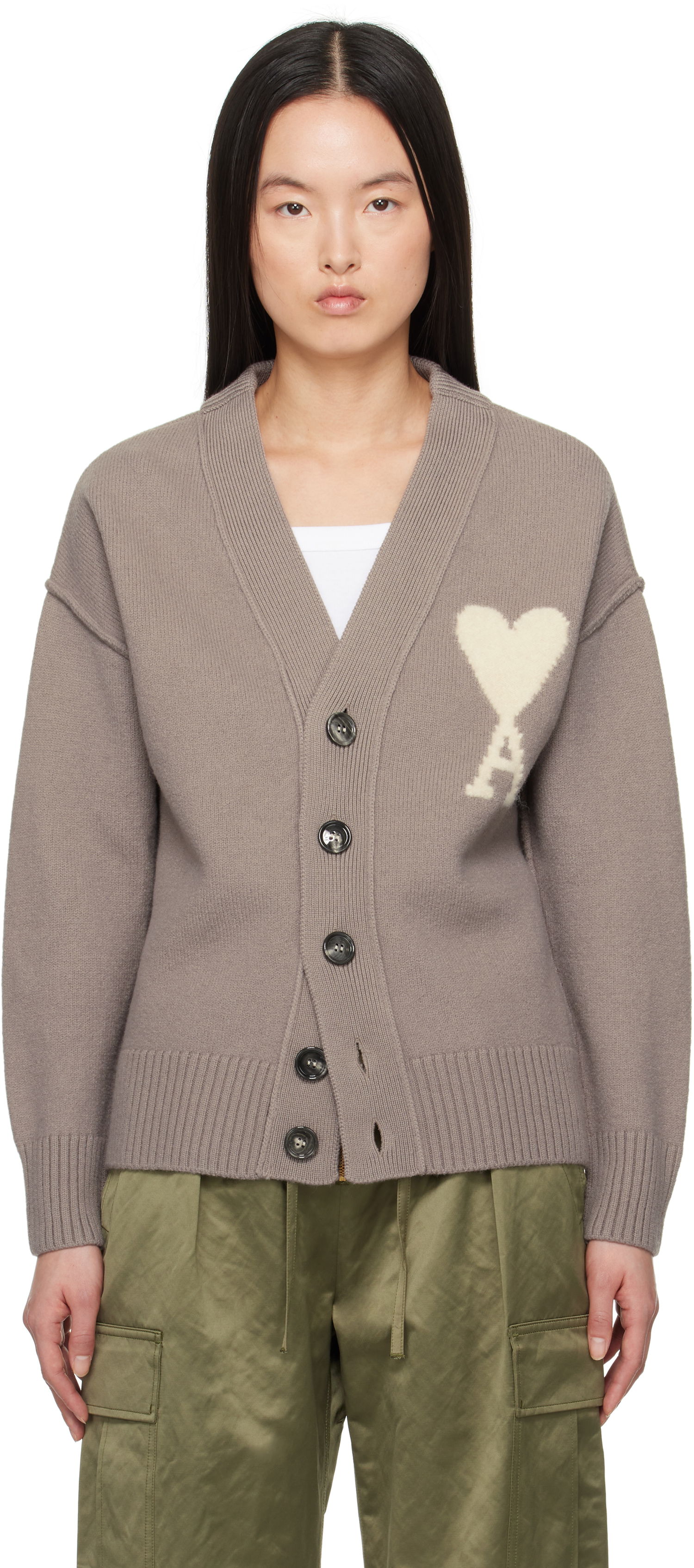 Sweater AMI AMI Paris Ami de Coeur Wool Cardigan Grå | UKC090.KN0090, 0