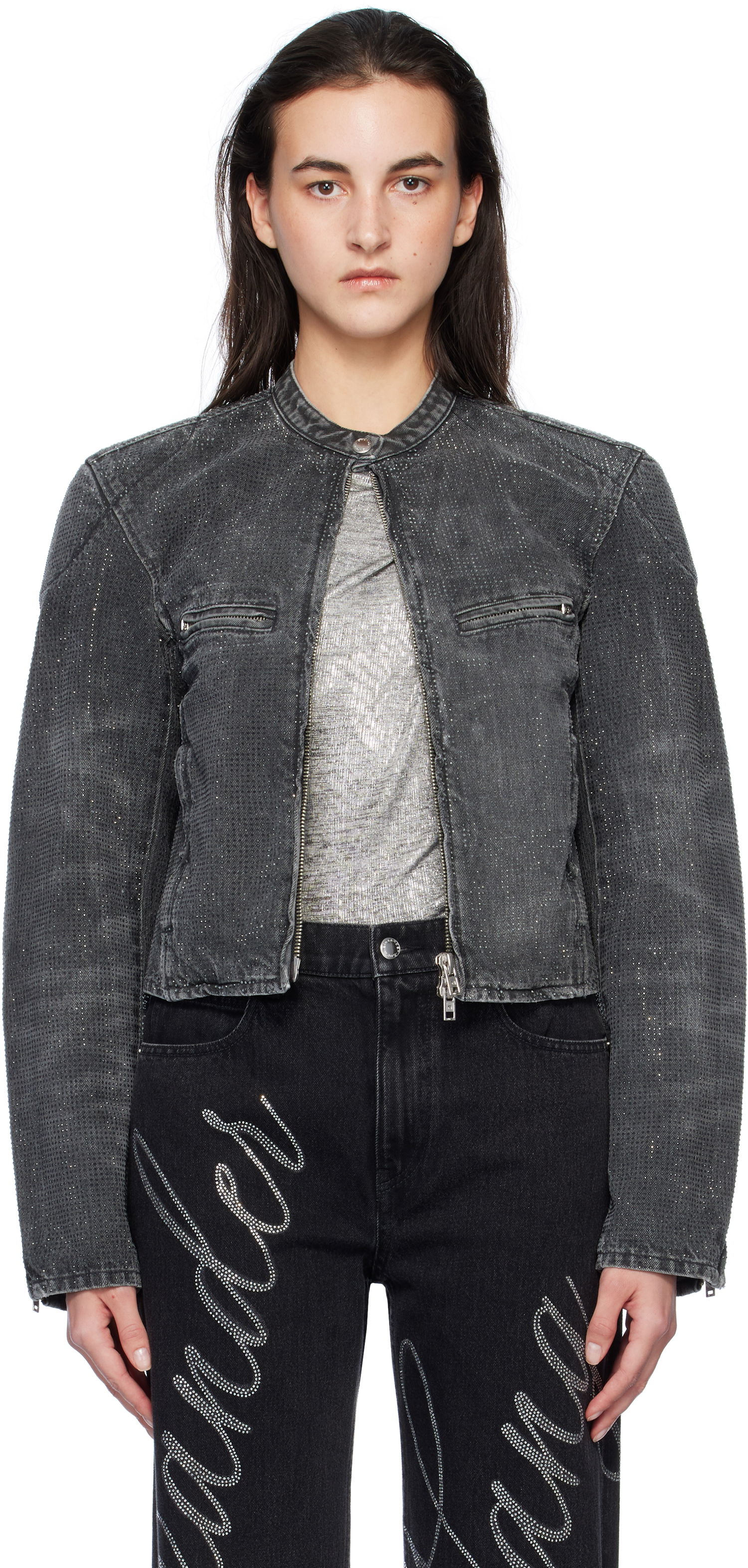 Bomberjakke Alexander Wang Crystal Embellished Moto Jacket Sort | 1WC4242492, 0