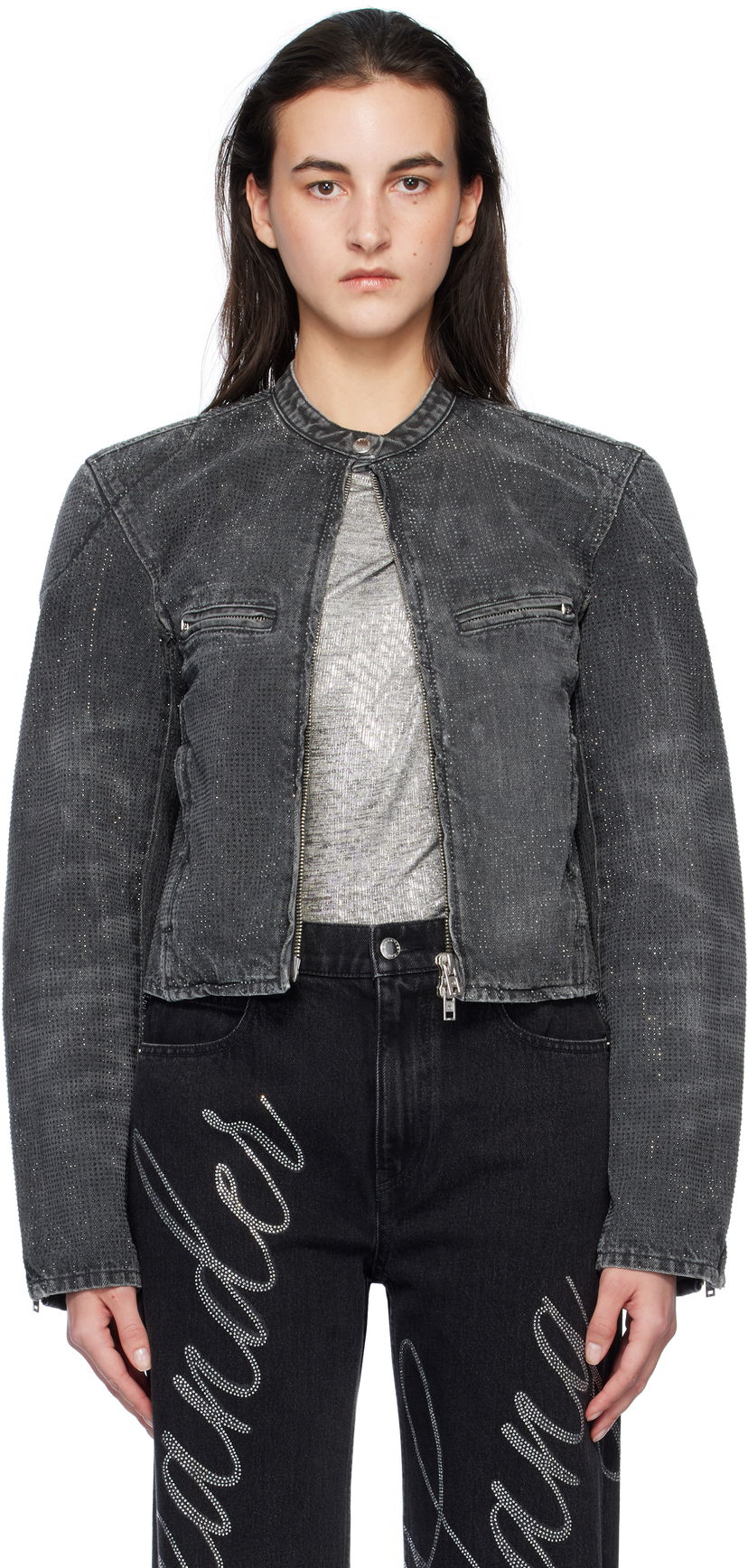 Bomberjakke Alexander Wang Crystal Embellished Moto Jacket Sort | 1WC4242492