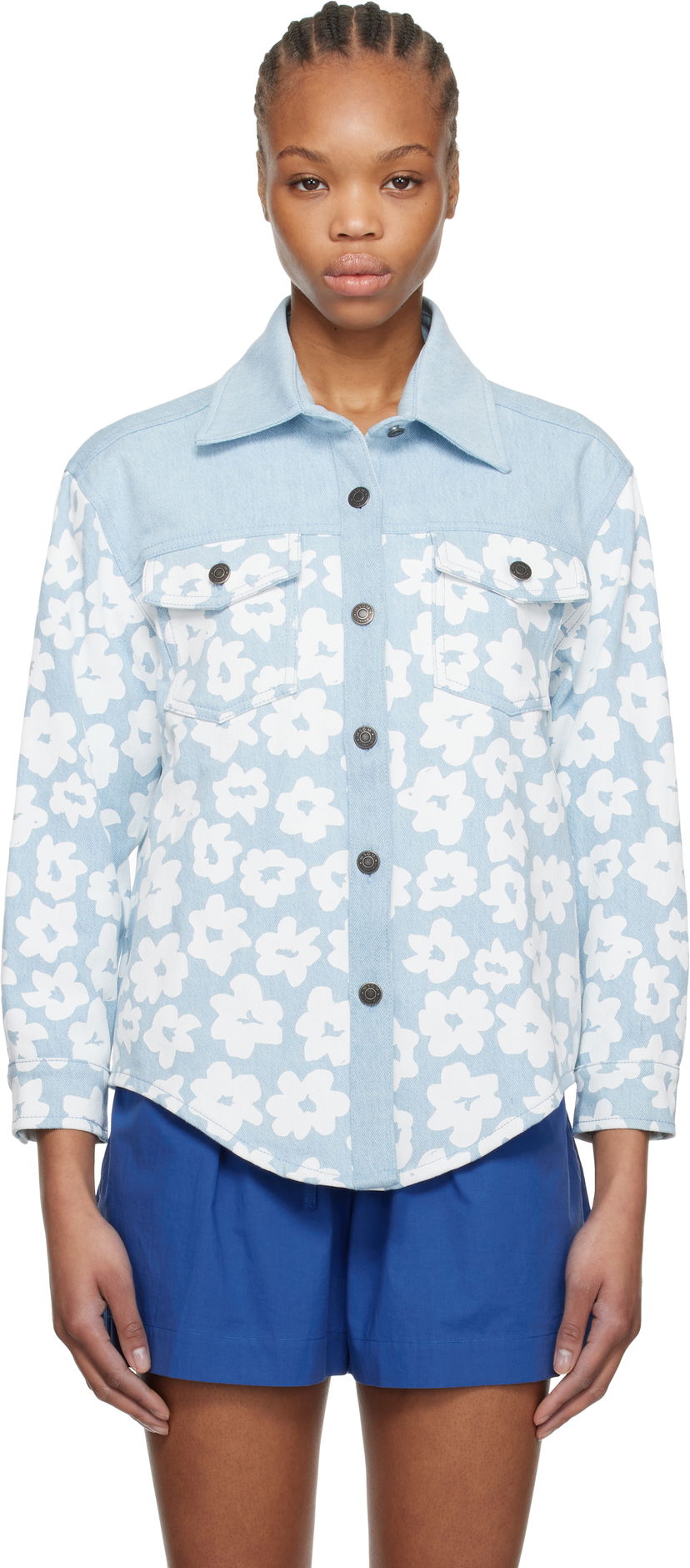 Skjorte MSGM MSGM Floral-Print Denim Shirt Blå | 3841MDE231 257272
