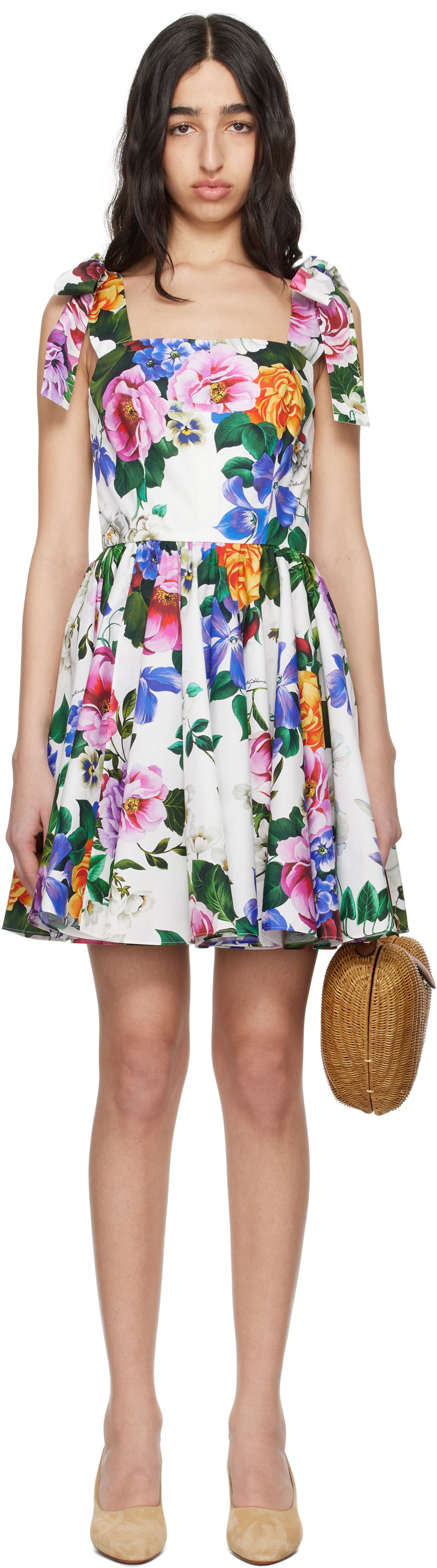 Kjole Dolce & Gabbana Dolce&Gabbana Rose-Print Corset Mini Dress Hvid | F6ZT2T HS5S6