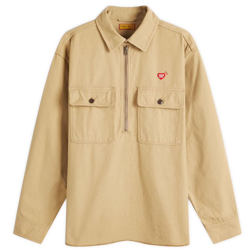 Skjorte Human Made Human Made Men's Zip-Up Work Shirt, Size Large Beige | HM29SH002-BEI