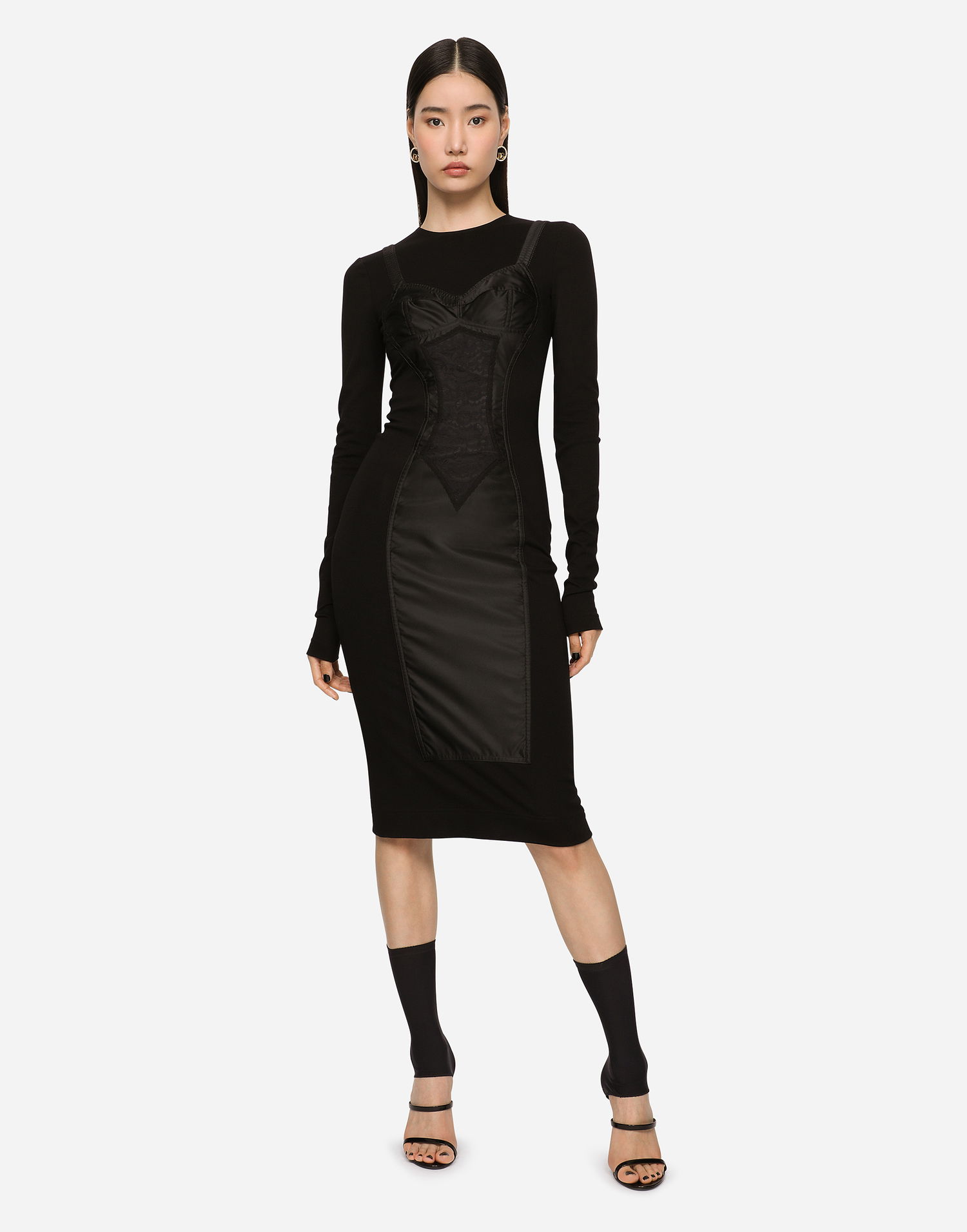 Kjole Dolce & Gabbana Dolce & Gabbana Long Sleeve Bustier Lace Panel Midi Dress Viscose Sort | F6ARFTFUGKFN0000, 1