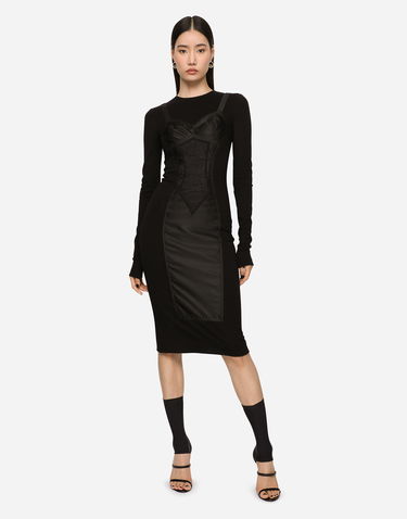 Kjole Dolce & Gabbana Dolce & Gabbana Long Sleeve Bustier Lace Panel Midi Dress Viscose Sort | F6ARFTFUGKFN0000, 1