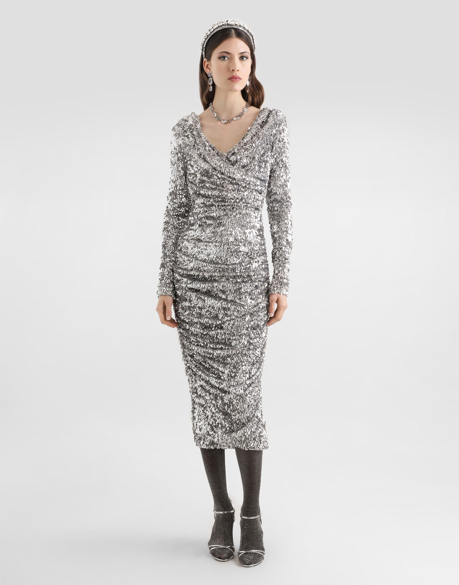 Kjole Dolce & Gabbana Draped Sequin Dress Collection 42 Metalisk | F60EMTFLSMCS0998, 1