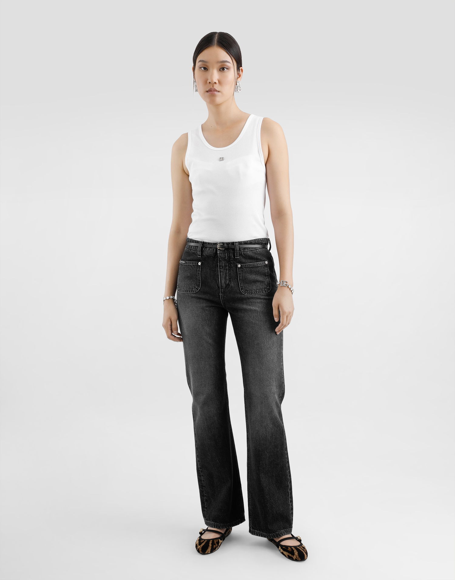 Tanktop Dolce & Gabbana Dolce & Gabbana Fine-Rib Jersey Tank Top with DG Logo Pin Hvid | F8V40TGDCX9W0800, 1