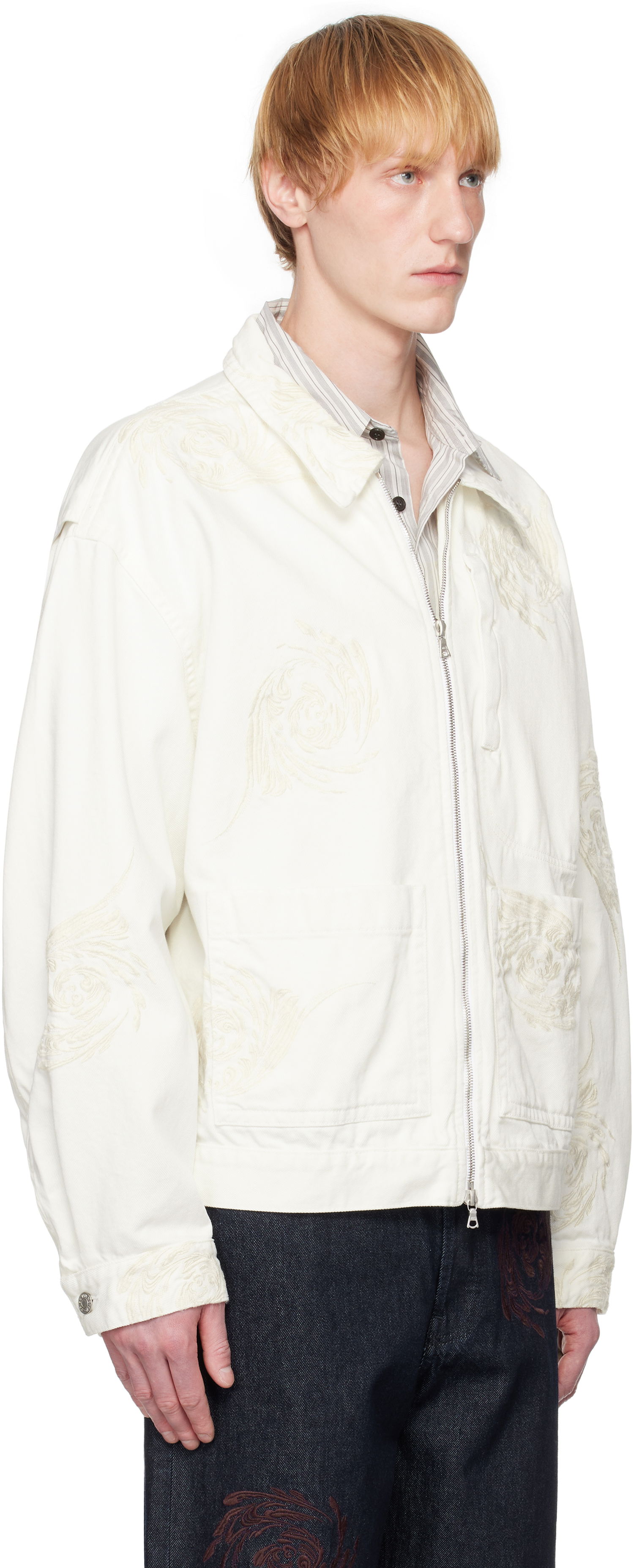 Jakke Dries Van Noten Dries Van Noten Embroidered Pattern Denim Jacket Hvid | 251-080505-1555, 1