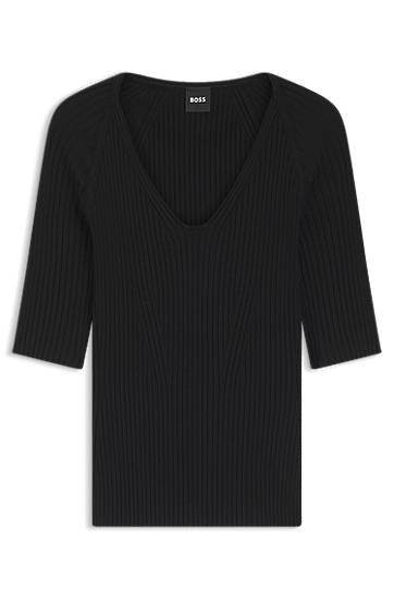 T-shirt BOSS Structured Ribbed V-neck Elbow-Sleeve Top Sort | 50542881, 0