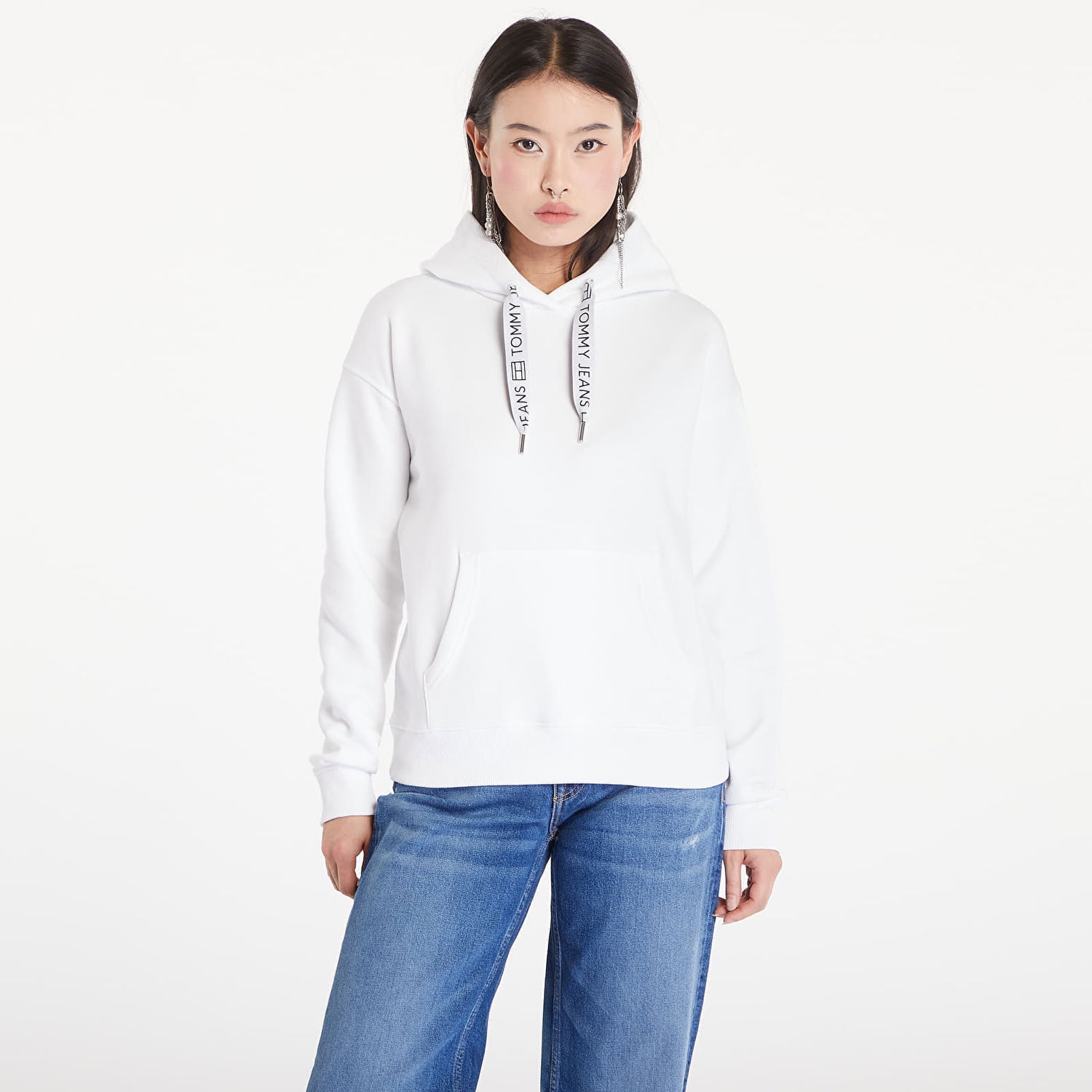 Sweatshirt Tommy Hilfiger Boxy Logo Drawcord Hoodie White Hvid | DW0DW17794 YBR, 0