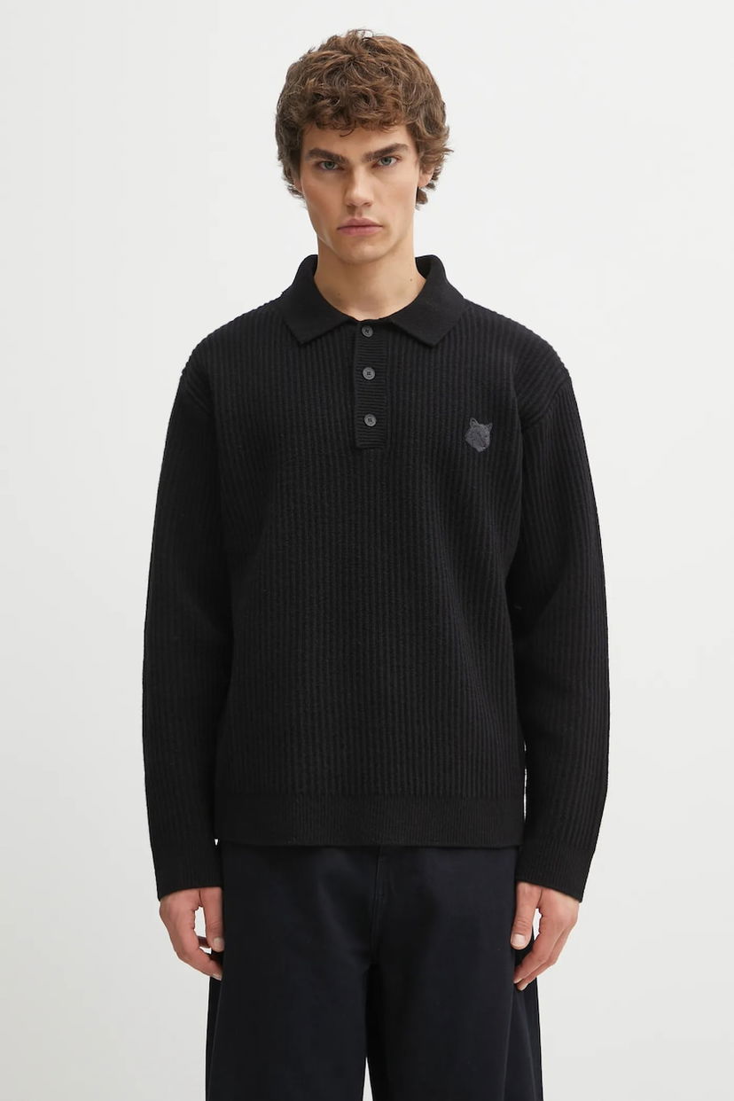 Polo skjorte MAISON KITSUNÉ Fox Head Wool Ribbed Polo Sort | PM00213KT1149