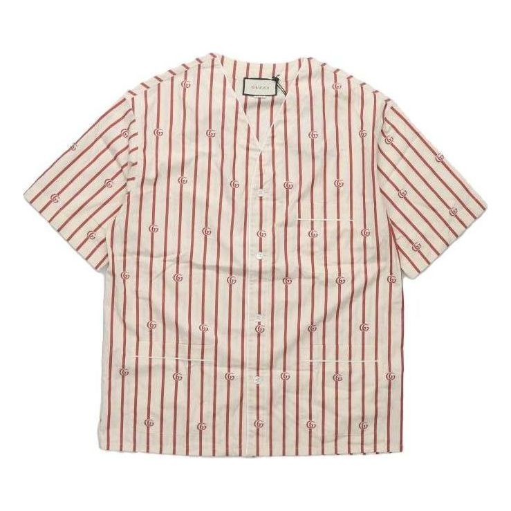 Skjorte Gucci Double G Stripe Bowling Shirt Hvid | 618919-ZAERI-9647