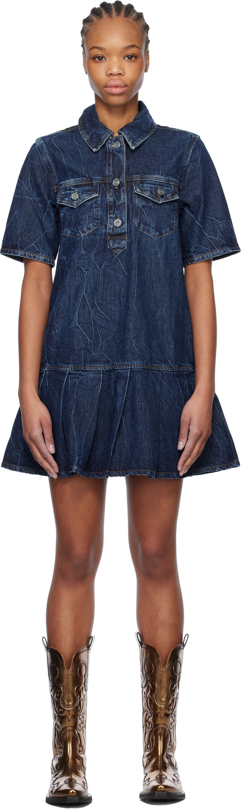 Kjole GANNI Ganni Crinkled Future Denim Mini Dress Blå | J1594