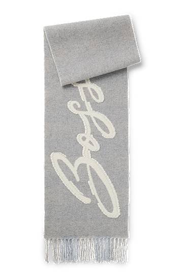 Tørklæde BOSS Wool-blend Scarf with Script Logo and Fringes Grå | 50558654, 0