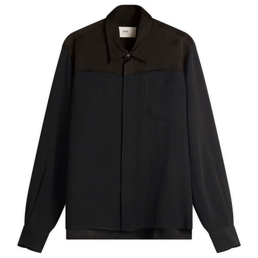 Skjorte AMI AMI Paris Mixed Material Long Sleeves Shirt Sort | HSH020-AC0014-001