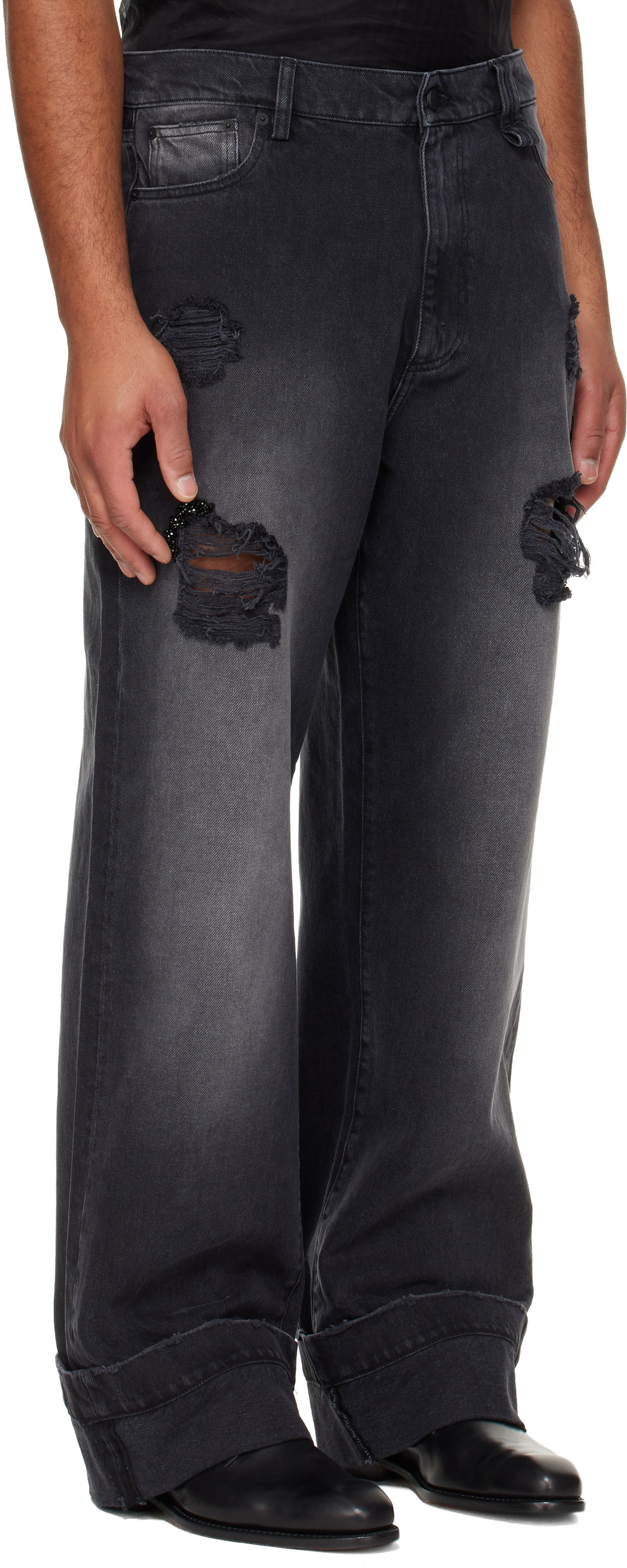 Jeans Simone Rocha Simone Rocha Embellished Distressed Wide-Leg Cuffed Jeans Sort | 4161B 1239D, 1
