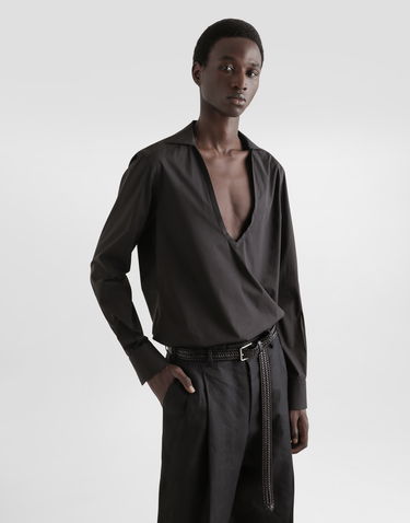 Skjorte Dolce & Gabbana Dolce & Gabbana Long-Sleeved V-Neck Cotton Poplin Shirt Sort | G5NC6TFUEAJN0000, 3