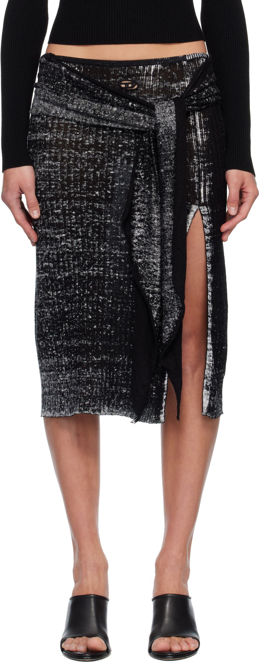 Nederdel Diesel M-Eganoid Marled Ribbed Draped Slit Midi Skirt Sort | A18865 0BJBR