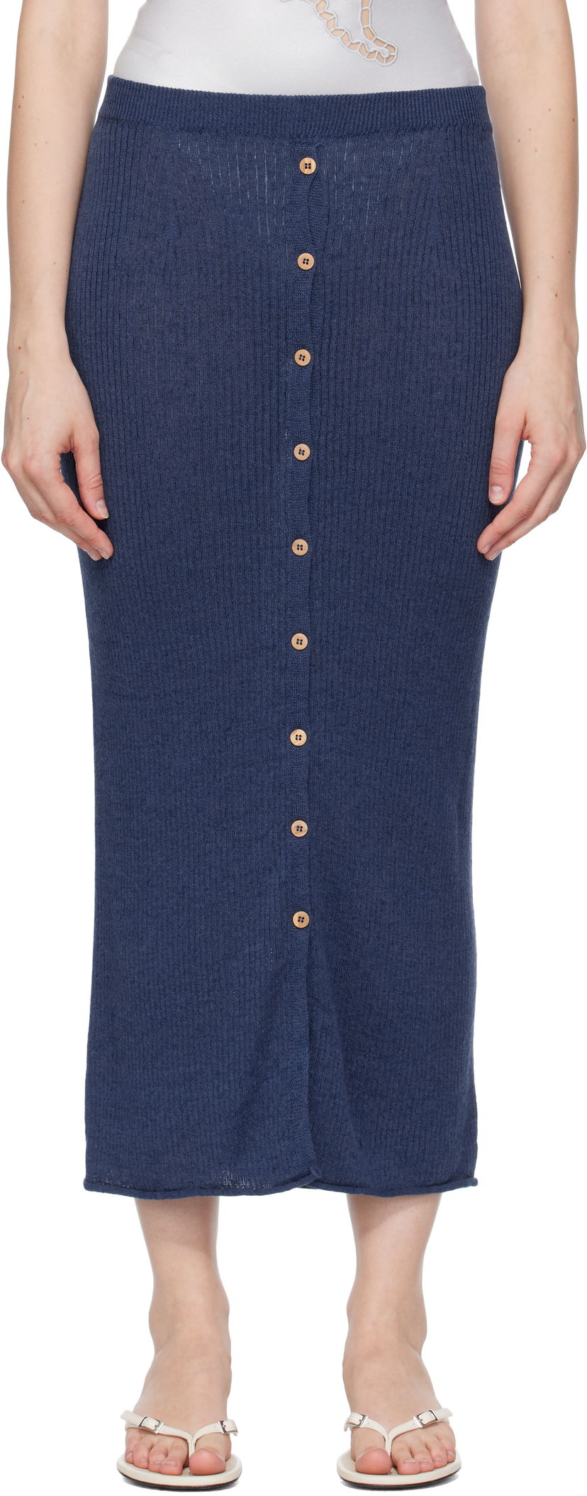 Nederdel Baserange Baserange Ribbed Knit Midi Skirt with Button Closure Mørkeblå | SKDR-LI-SU25
