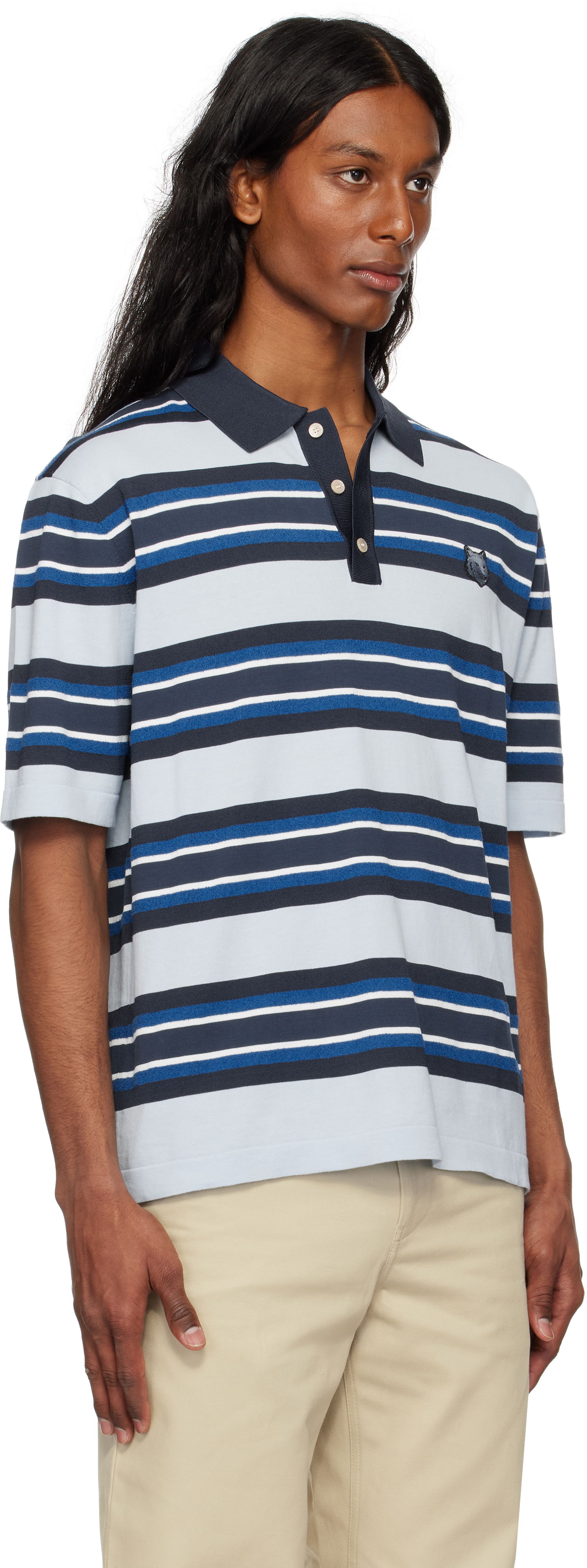 Polo skjorte MAISON KITSUNÉ Maison Kitsuné Fine Gauge Striped Polo with Fox Head Patch Blå | OM00201KT1119, 1