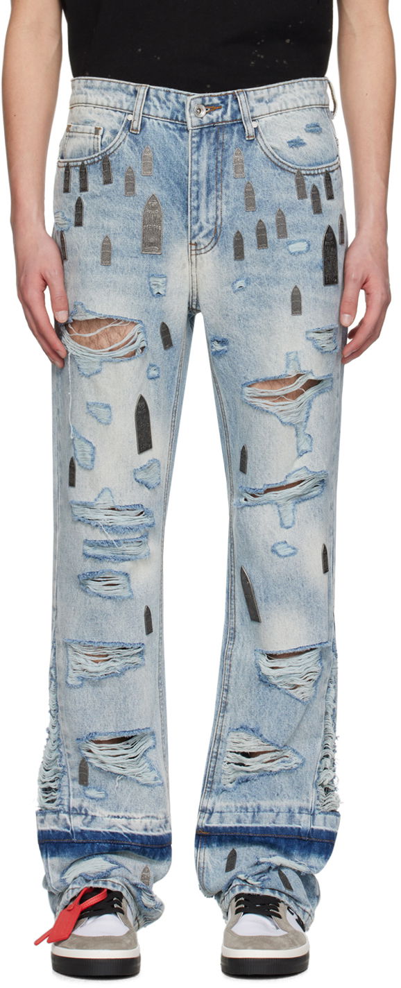 Jeans Who Decides War Amplified Gnarly Flared Jeans with Tombstone Appliqués Blå | 1120800008SS24