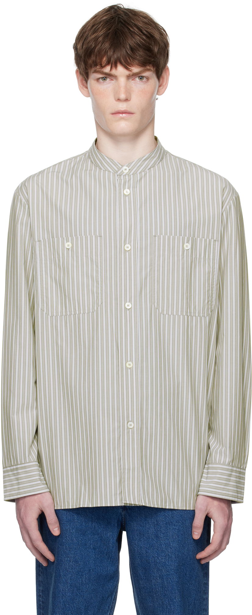 Skjorte A.P.C. A.P.C. Theon Striped Band Collar Shirt Grøn | COHJJ-H12631