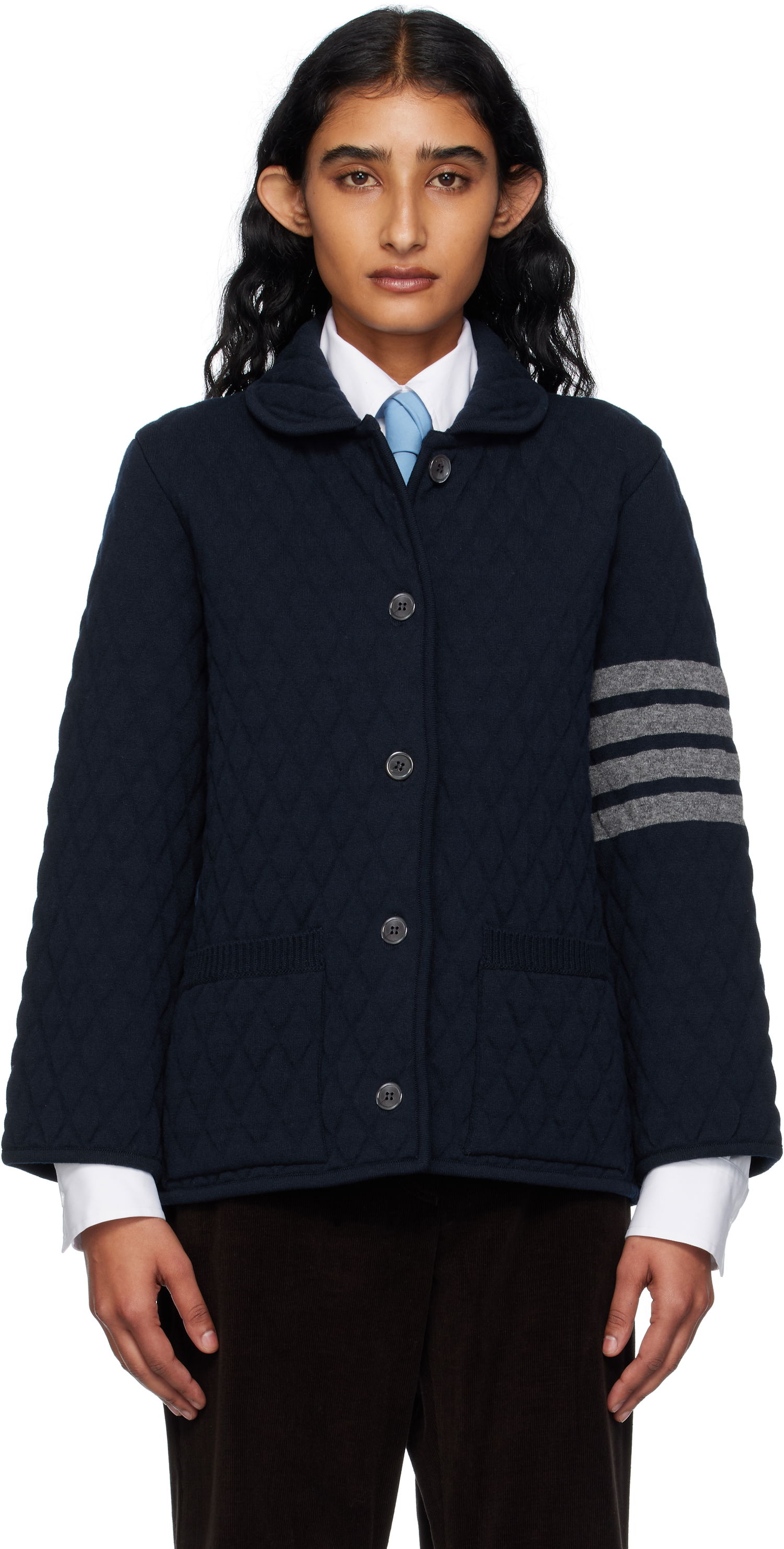 Jakke Thom Browne Thom Browne Quilted Knit Merino Wool 4-Bar Work Jacket Mørkeblå | FKJ117A-Y1029, 0